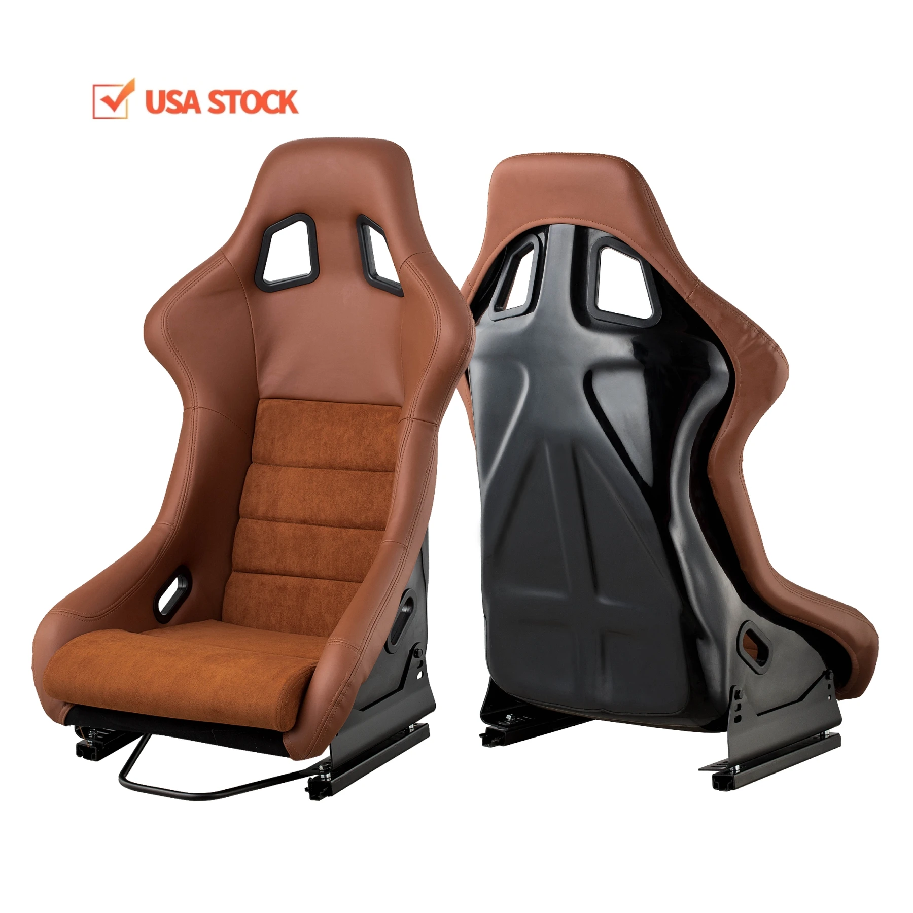 1097 USA Stock Free Shipping Universal Fixed Brown PVC Leather With Alcantara Suede Car Bucket Racing Seats