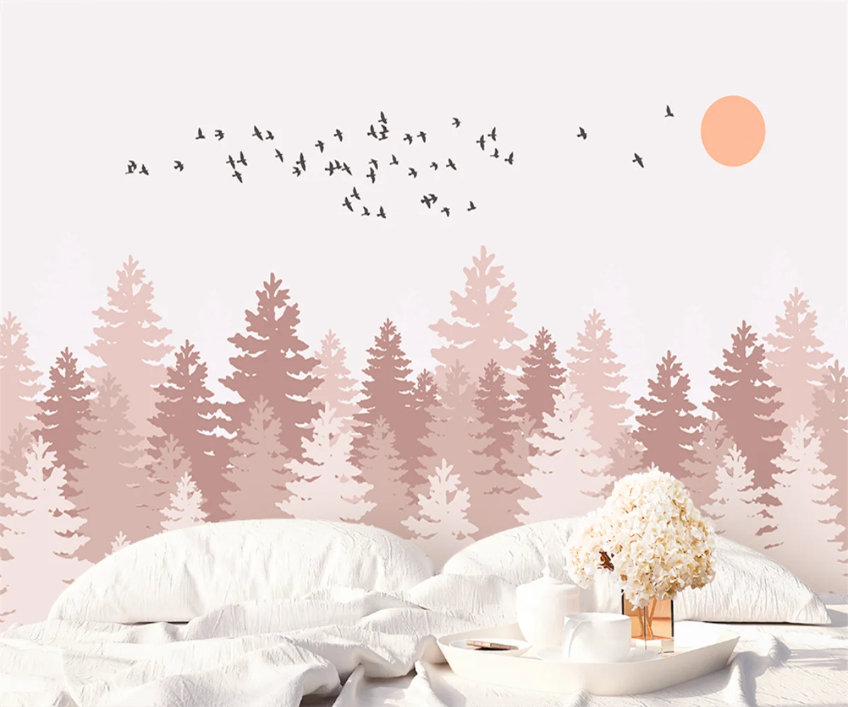 

Custom wallpaper backdrop decorative wallpaper personality hand painted nordic pink forest bird forest home 3d wallpaper