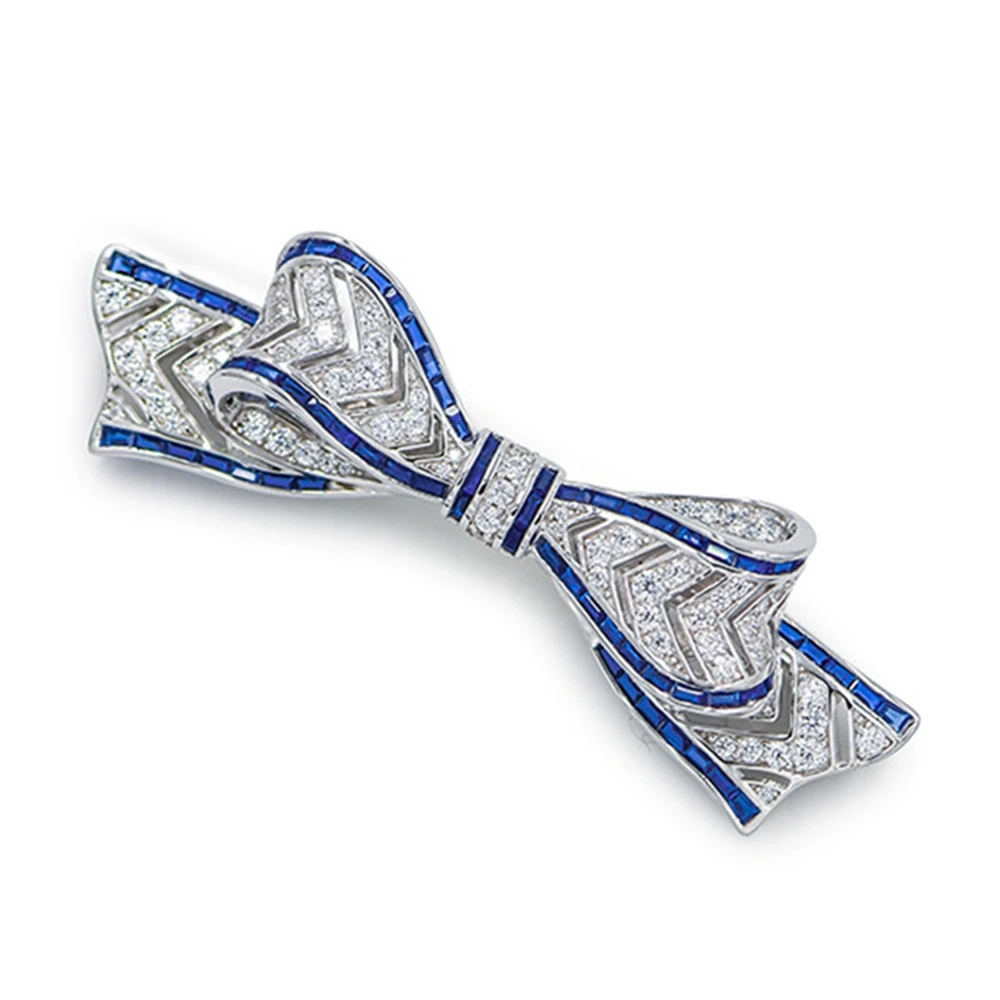 Wong Rain 925 Sterling Sliver Sapphire High Carbon Diamond Gemstone Sparkling Bowknot Brooch Brooches Jewelry Anniversary Gifts