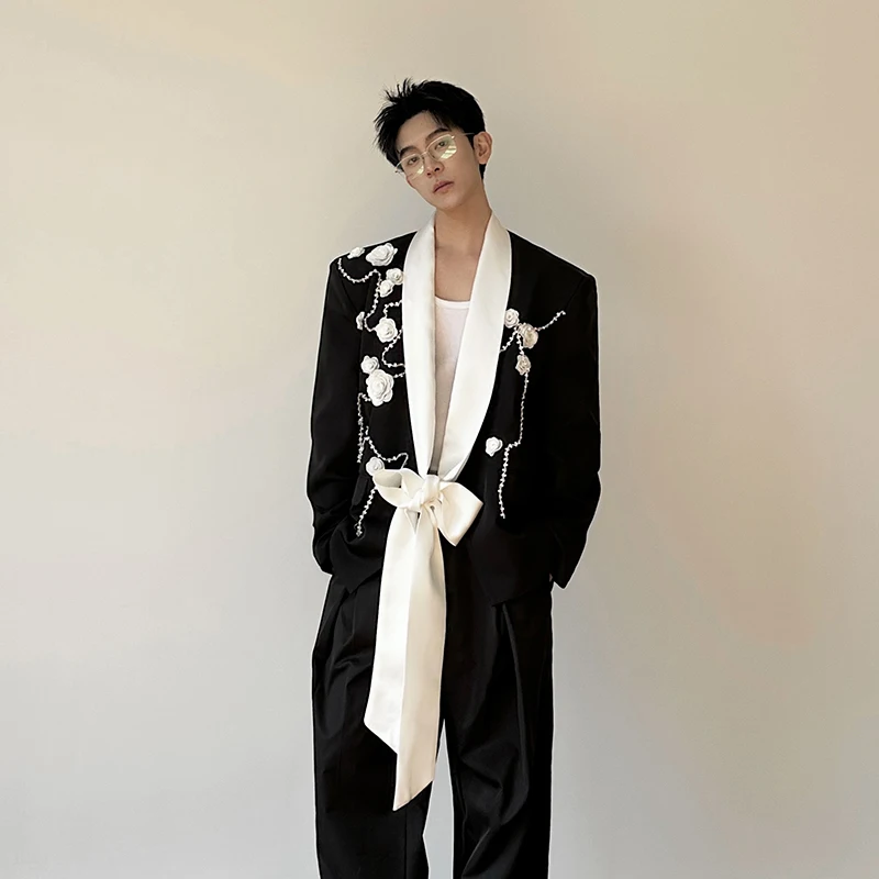 WTHT Fashion Men's Heavy Industy Spliced Flower Beads Design Blazer Coats Trendy Ribbon Contrast Color Jackets Male 2A2611
