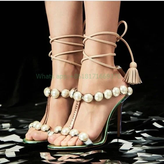 

Cross Strap Crystal Thin High Heel Wedding Sandals Women Dress Beads Tassel Slingback Sandals Lady Fashion T-strap Fringe Shoes