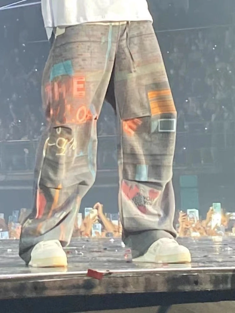 

Wang Jiawu, свободные повседневные свободные длинные брюки с принтом fiti, рабочая одежда, модные брендовые прямые длинные брюки для подростков