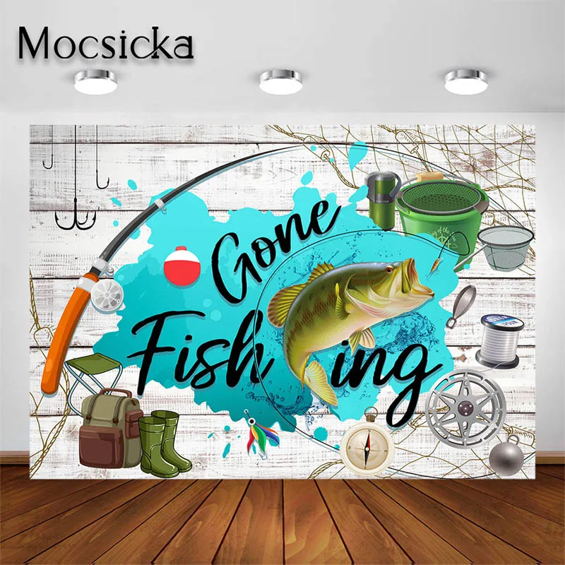 Mocsicka Gone Fishing Theme Party Decoration Backdrop Outdoor Camping White Board Background Portrait Photography Props Banner