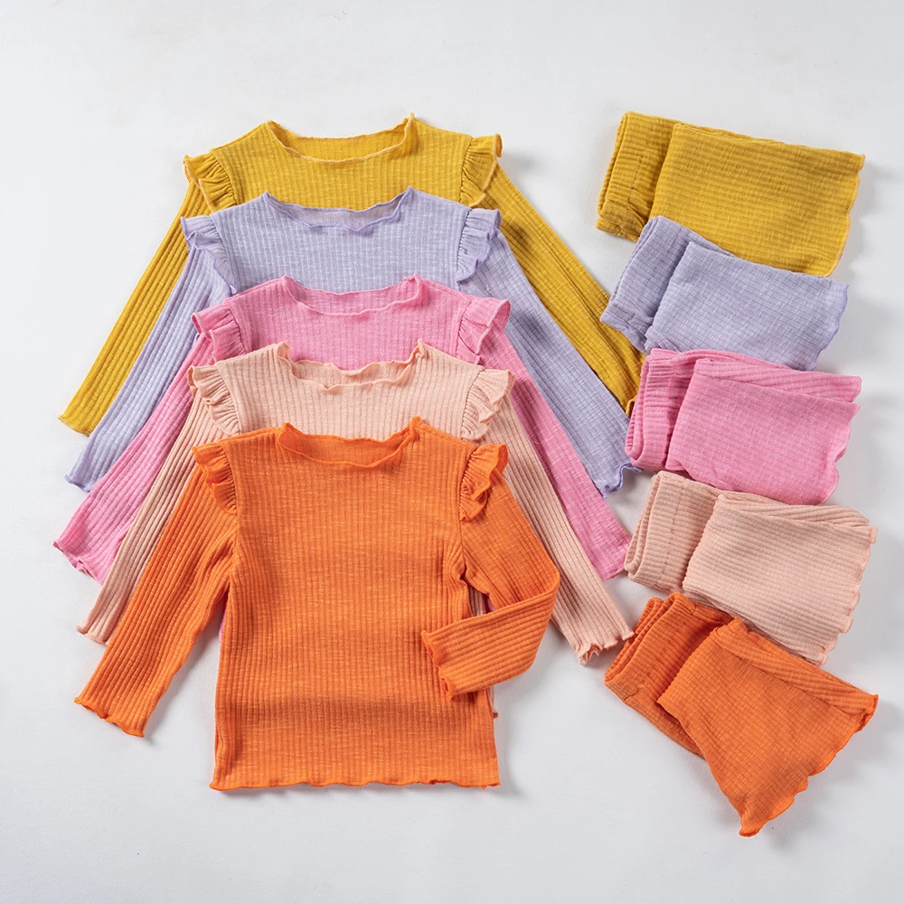 Children Cute Solid Color Set Girls Autumn New Little Flying Sleeve Top+Elastic Waist Pants 2pcs Casual Comfortable Clothing Set