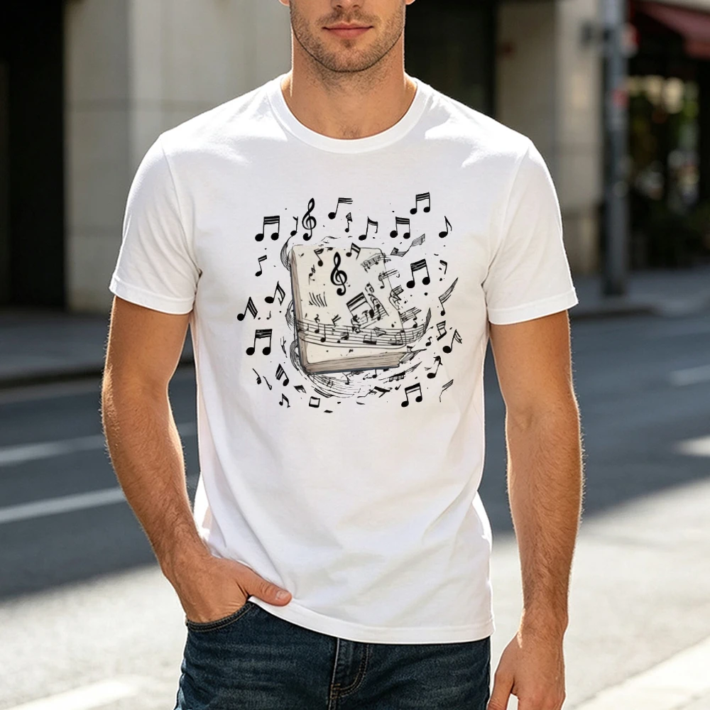 Book With Flying Music Notes Art Men Unisex White T Shirt Creative Reading Graphic Bookworm Musician Gift