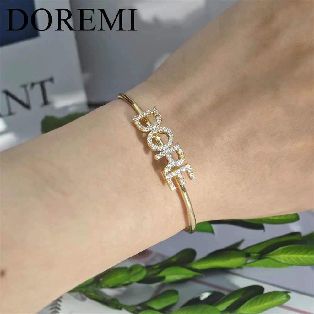 DOREMI 9mm Initial Letter Name Cuff Bangle Personalized  Jewelry Women Gift Bangle Bracelet Name Custom Zircon Bangle