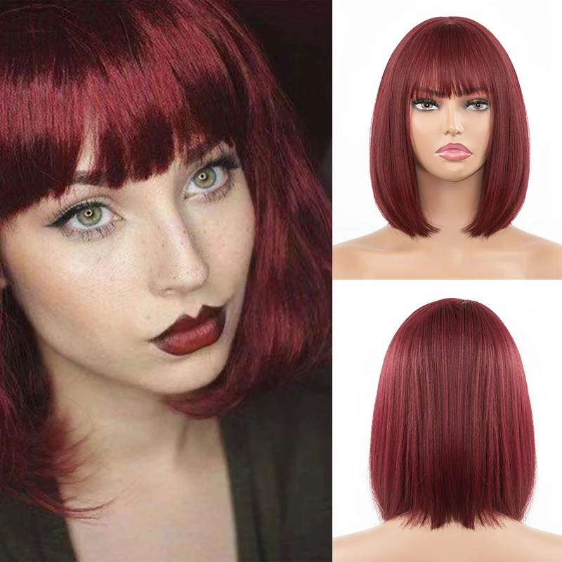 

Short Wine Red Bob Wigs With Full Bangs Natural Synthetic Wigs for Women Lolita Cosplay Party Perruque Bob Hair