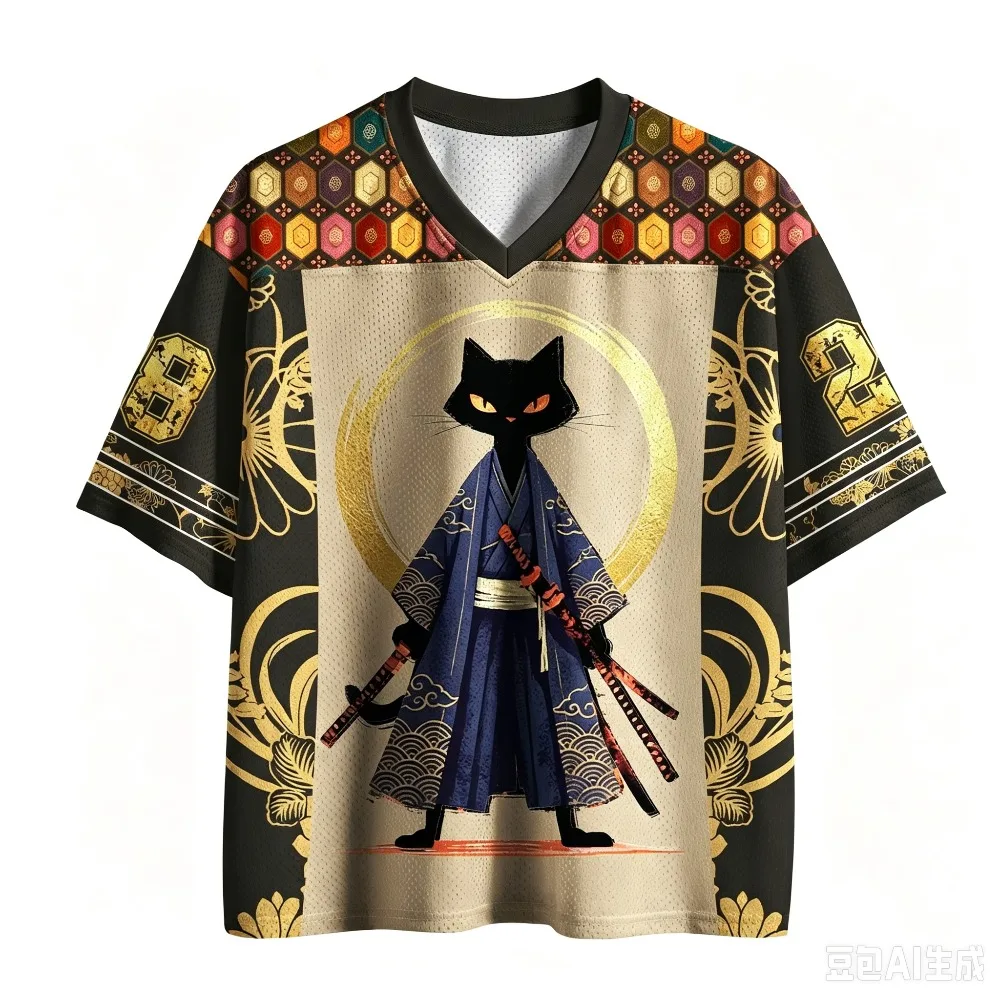 Japanese Ukiyo-e Black Cat Warrior 3DPrint Quick-dry Sports MenWomen Vneck Loose Tshirt Fashionable Street Y2K Parental Clothing