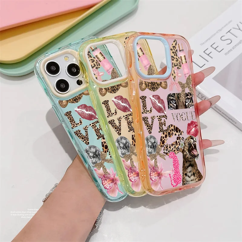 Fashion Y2K Leopard print lipstick Phone Case for iPhone 13 14 15 16 Pro Max Plus 16plus 15plus Cute Jelly shockproof Back Cover