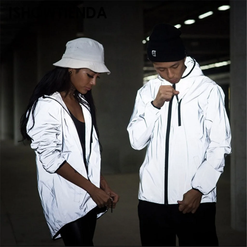 

Night Reflective Jackets Double Fabric Windbreaker Hooded Jacket Men Hip Hop Dancer Singer Waterproof Zipper Coats Outwear