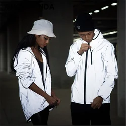 Night Reflective Jackets Double Fabric Windbreaker Hooded Jacket Men Hip Hop Dancer Singer Waterproof Zipper Coats Outwear