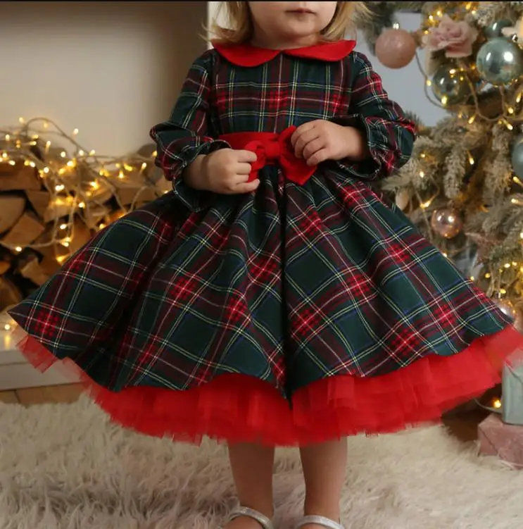 1-7Y Kids Toddler Baby Girls Christmas Dress Long Sleeve Buffalo Check Plaid New Year Holiday Party Princess Dreses Costume