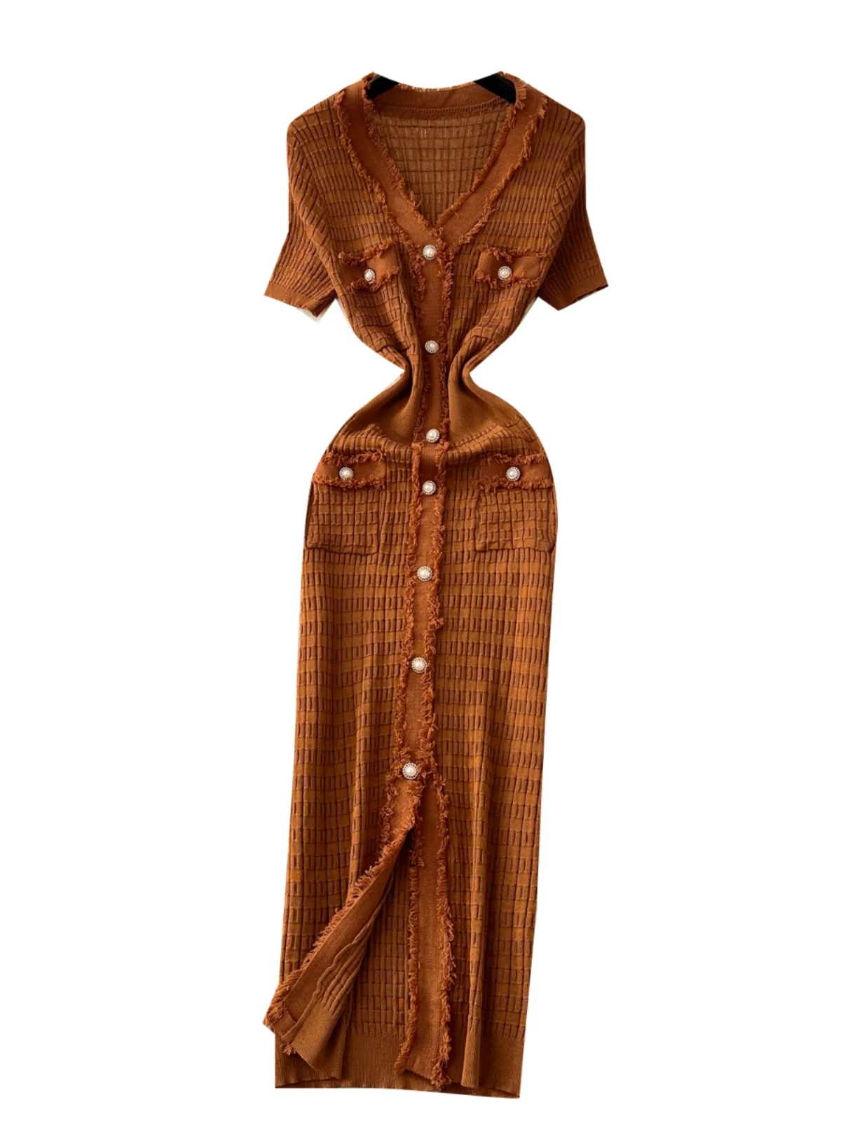 Printemps Faion taille haute a-ligne tricoté Dr métal bouton unique coupe ajustée v-ne rétro Sle trajet Version coréenne Midi Dr