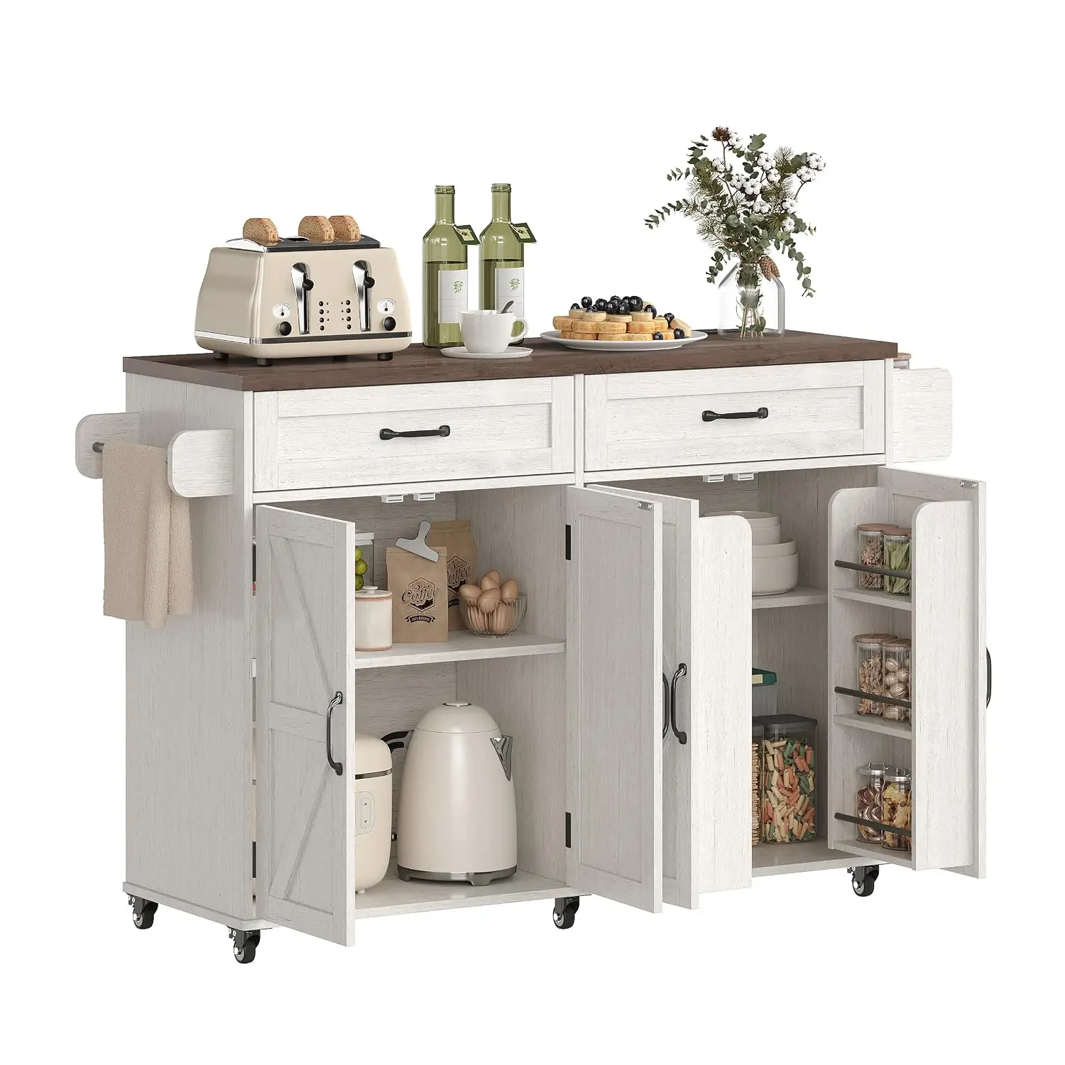 Farmhouse Buffet Cabinet with Charging Station, Mobile Kitchen Island Cart with Spice Rack & Towel Rack, White, Customized