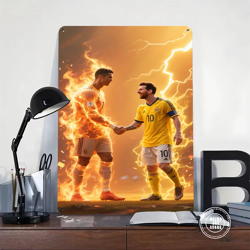 Ronaldo and Messi Shaking Hands 3D Texture Metal Poster Customized Wall Art Tin Sign Gift for Mancave Home Decoration Ornaments
