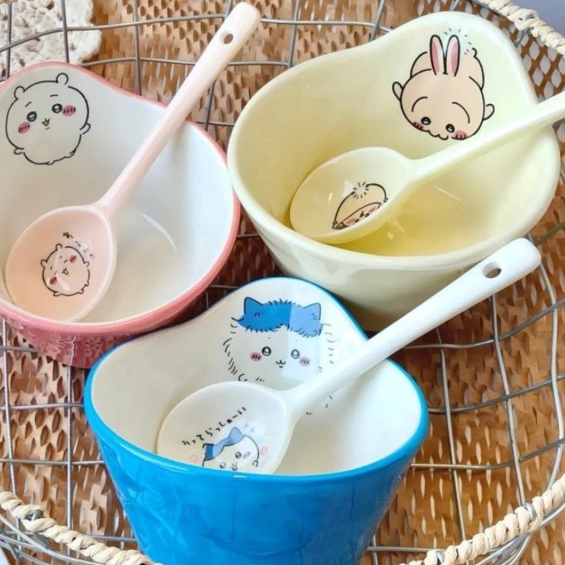Anime Cartoon Kawaii Chiikawa Straw Hat Bowl Alien Ceramic Household Use Large Capacity Cutlery Set Practical Heat Resistant New
