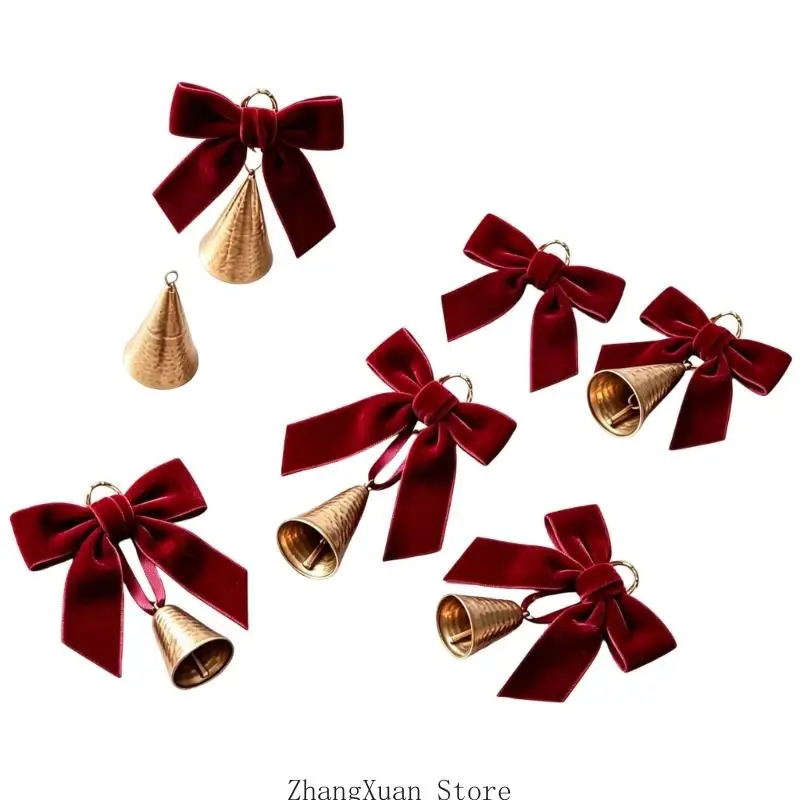 Sechs weihnachtliche Hängeglocken mit Stoffschleife für Kranz und Fenster 3XUF – Detail 4