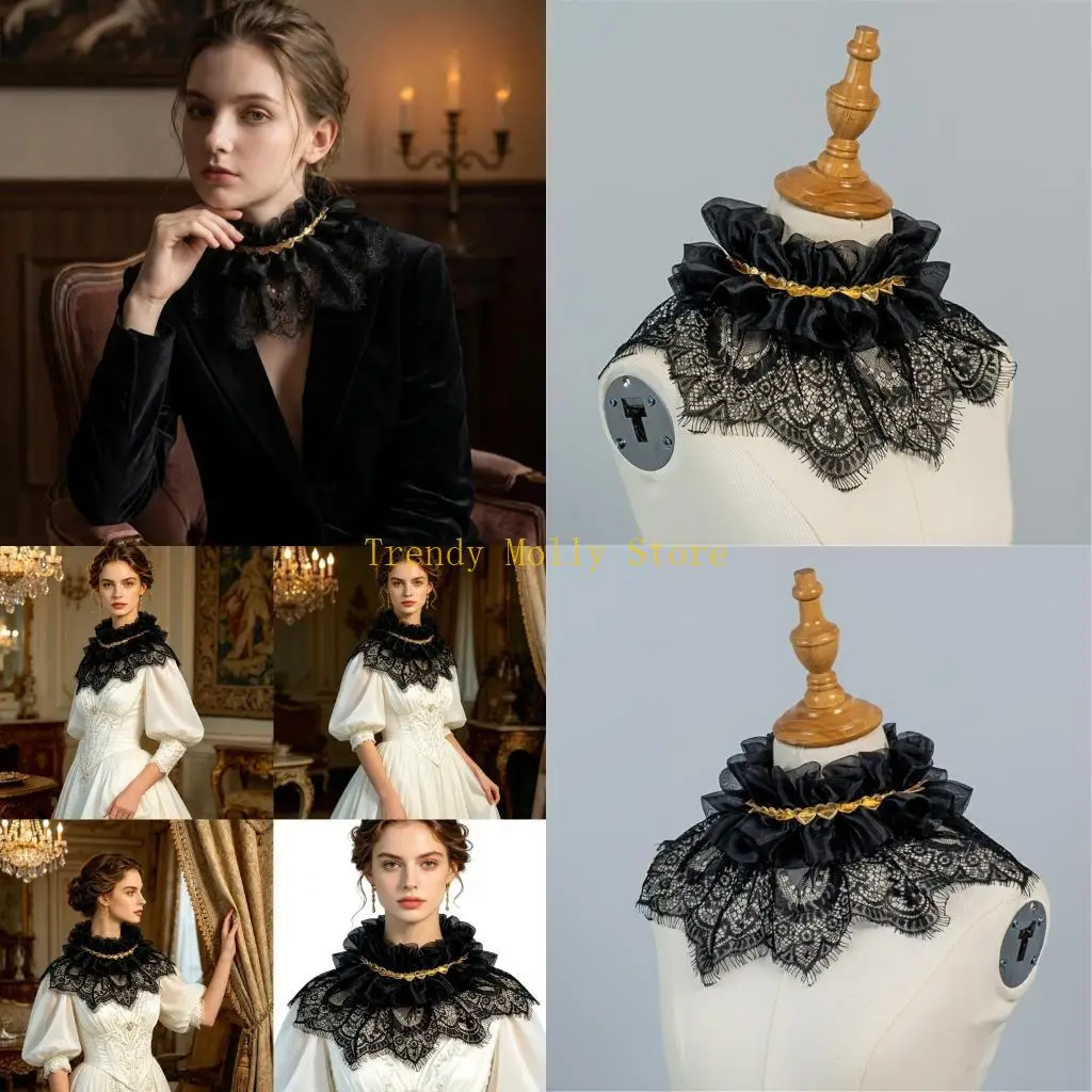 N5KB Collar falso encaje negro delicado, complemento femenino y elegante para cualquier atuendo o disfraz, cuello desmontable