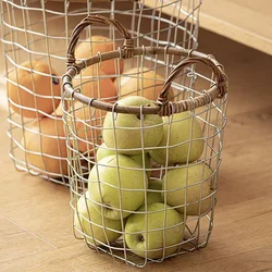 Retro Minimalist Wrought Iron Mesh Storage Basket Woven with Rattan and Iron Wire Pure Handmade Hand-held Storage Basket