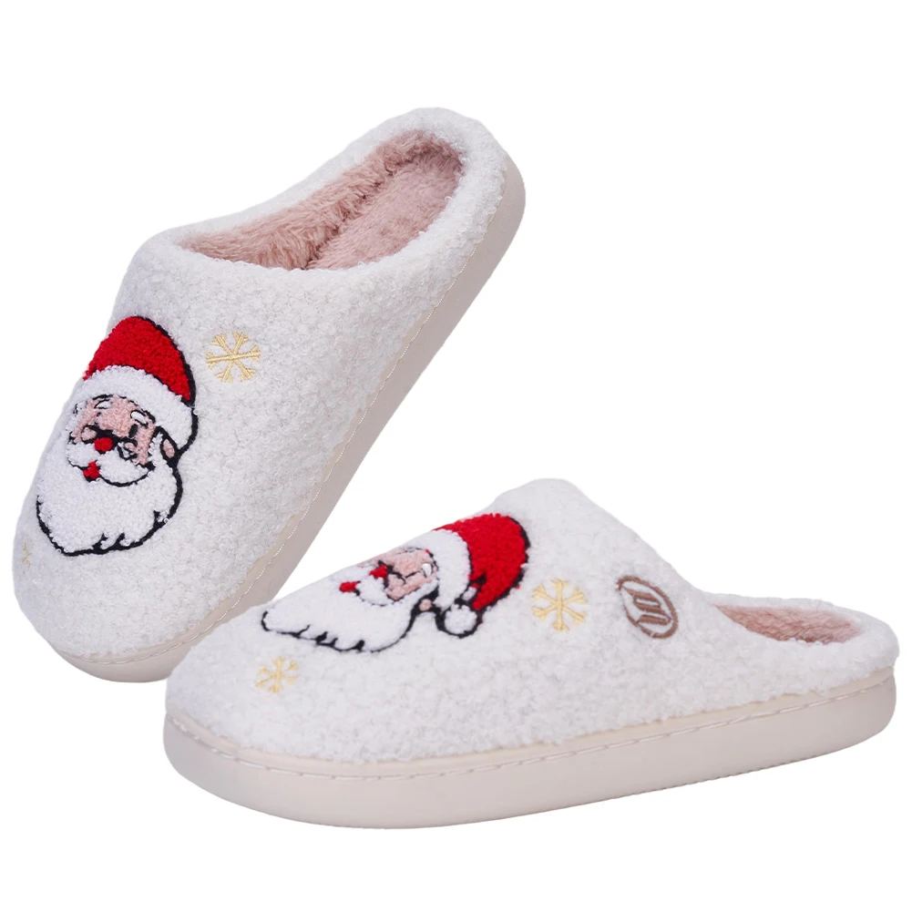 Warme Slip-on-Hausschuhe für Weihnachten, Weihnachtsmann, bequeme, flauschige Hausschuhe mit geschlossener Zehenpartie, rutschfeste, weiche, pelzige Hausschuhe für Männer und Frauen