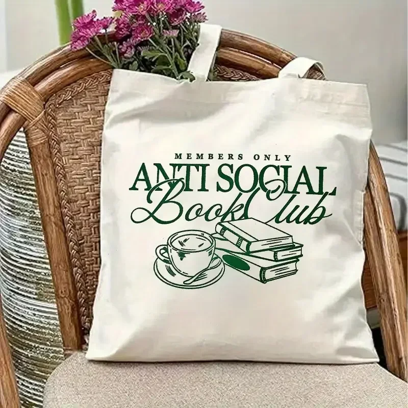 Anti Social Book Club Canvas Tote Bag Book Lover Gift Reusable Shopping Bag Casual Daily Handbag Reading Themed Tote