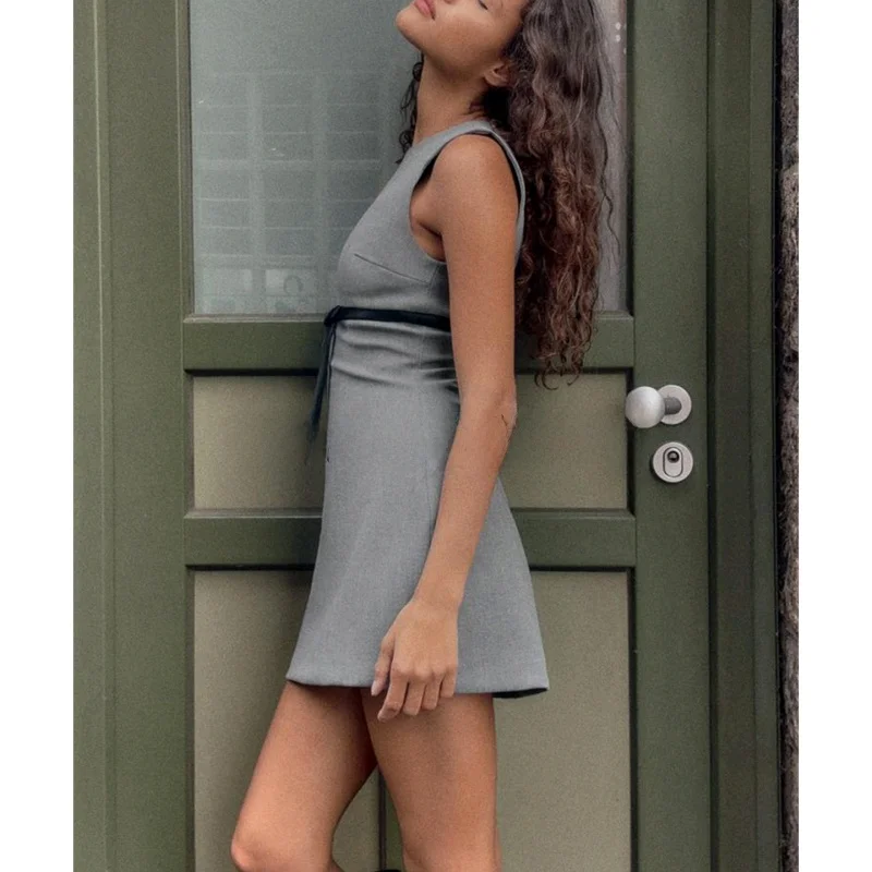 Vestido de Mujer de Otoño, Cuello Redondo, Sin Mangas, con Lazo de Mariposa, Sensación de Seda Satinada, Estilo Francés, Fald...