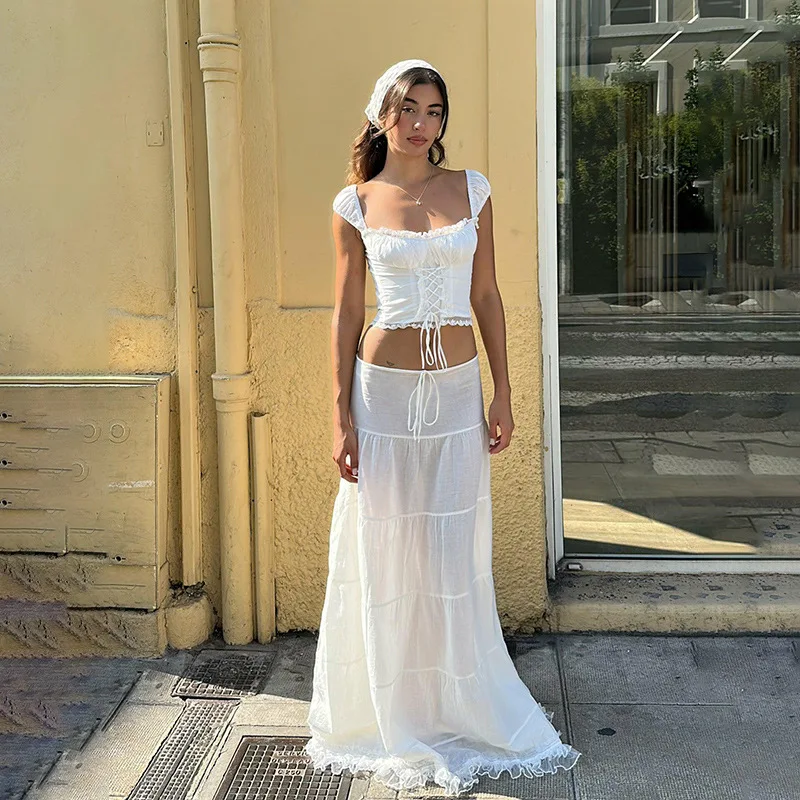 

Women's set summer new French square collar camisole top with lace patchwork skirt vacation style set for women