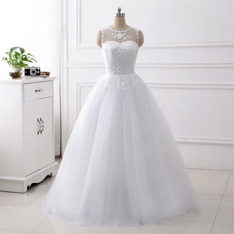 Cheap Simple A Line Satin Netting Tulle V Neck  Floor Length Applique Sequin Beading Wedding Dresses Bridal Gown Corset Back