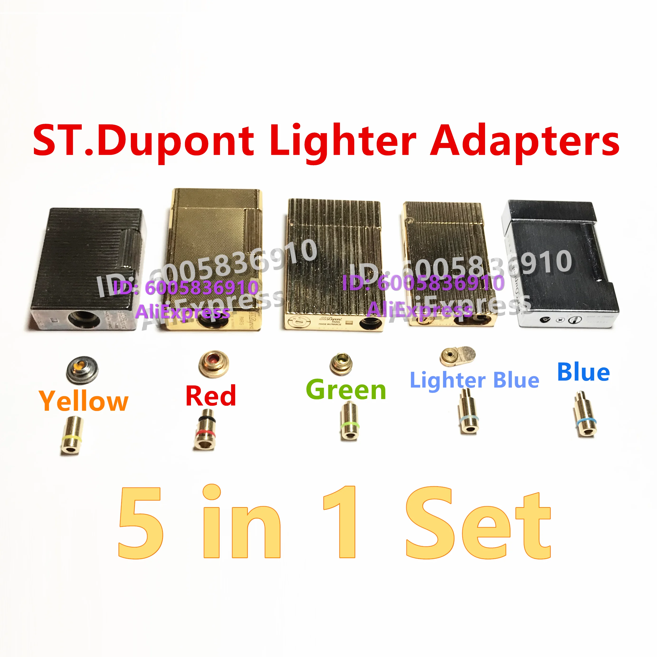 Dupont Lighter Gas Refill Adapter 5 in 1 set Yellow/Red/Green/blue Caps