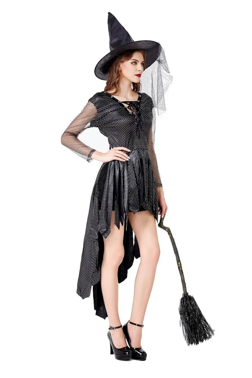 Costume da strega per adulti per festa di Halloween, set da gioco, con fiocco a maniche lunghe, uniforme per costume da strega sexy