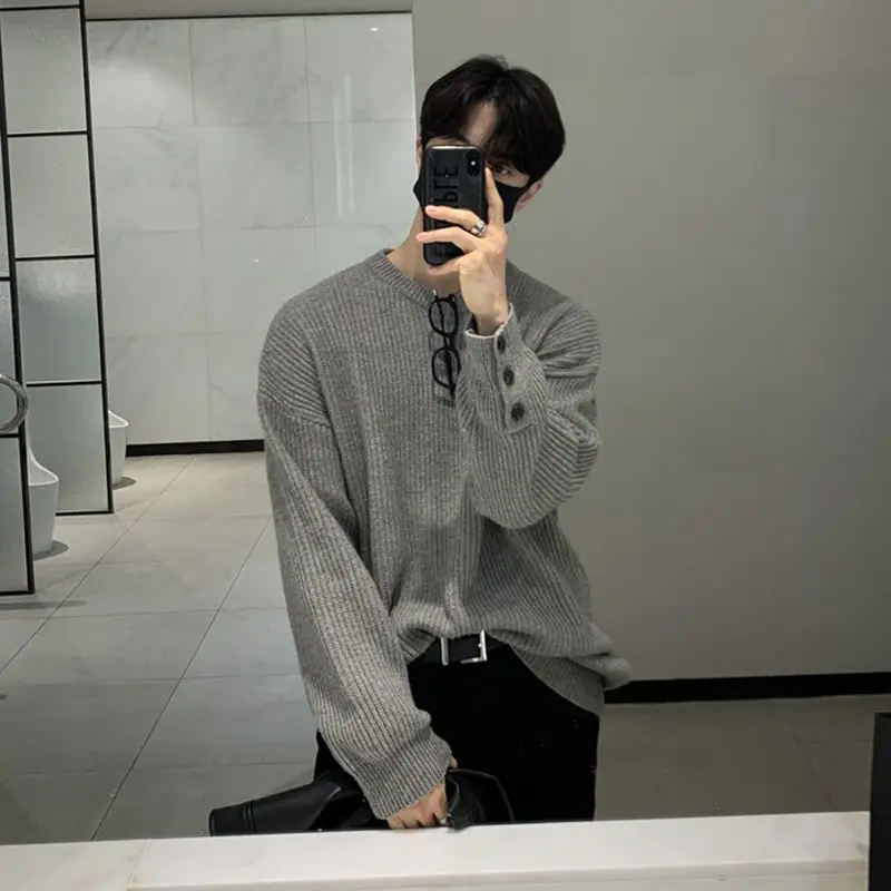 Men's Solid Color Pullover Button Long Sleeve Turtle Neck Threaded Fashion Casual Commuting Sweater Knit Top