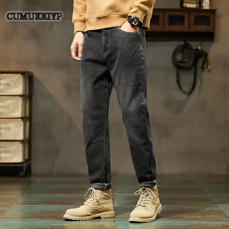 

Fleece Thicked Black Gray Jeans Men's Loose Straight Casual Slim-Fitting Middle-Aged Men Pants Winter Warm Trousers Male Cotton