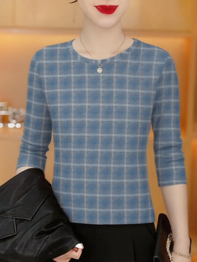 

High-End Casual round Neck Long Sleeve Plaid T-Shirt Women's Mid-Aged Belly Covering Fashion Slimming Top Breathable Polyeste...