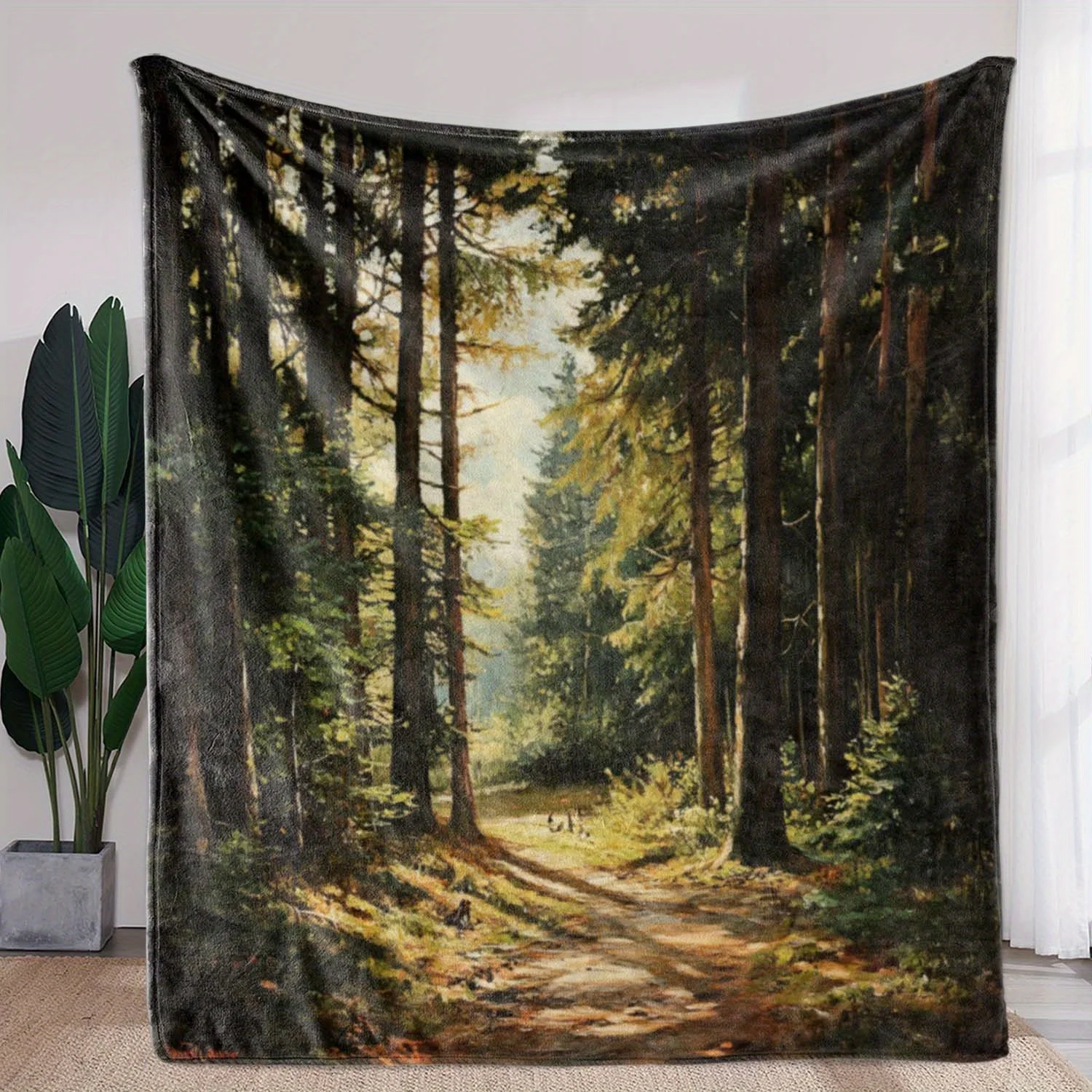 

1pc Vintage Forest Path Print Flannel Blanket - Soft Warm All-Season Throw for Sofa Bed Car Camping Office, Cozy Home Decor
