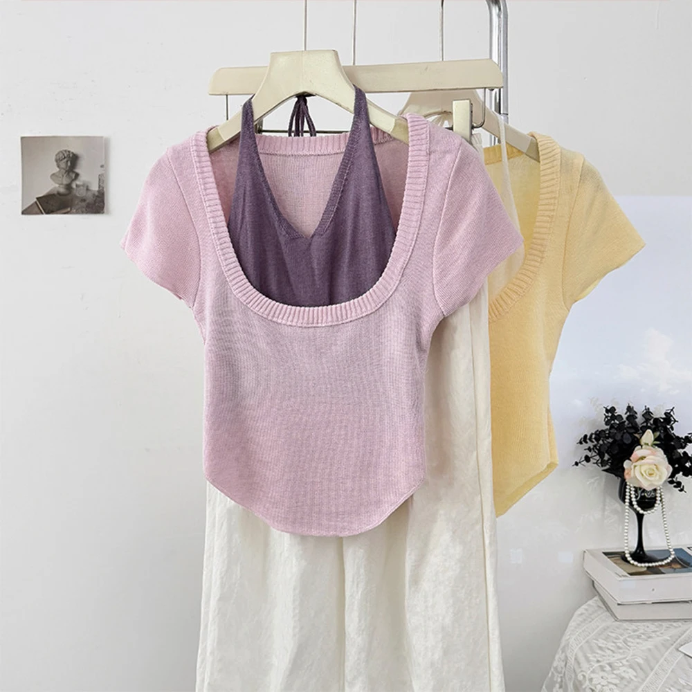 False Two Piece Knit Short Sleeve New Summer Pullover Cropped Top Contrast Color Design Fitted Silhouette Tee Womens Clothing