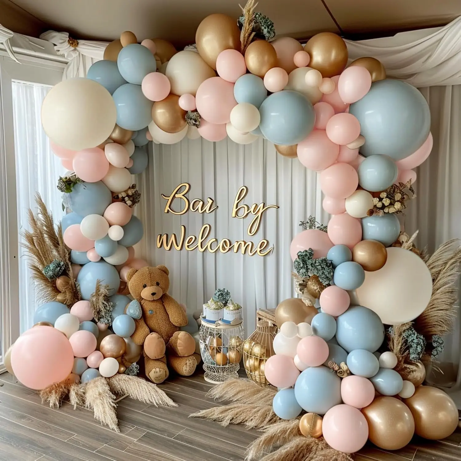 Kit de Arco de Globos para Revelación de Género, Globos en Rosa Empolvado, Azul y Dorado para Decoración de Fiestas Boho, Despedidas de Soltera, Cumpleaños, Bodas y Fiestas Nupciales
