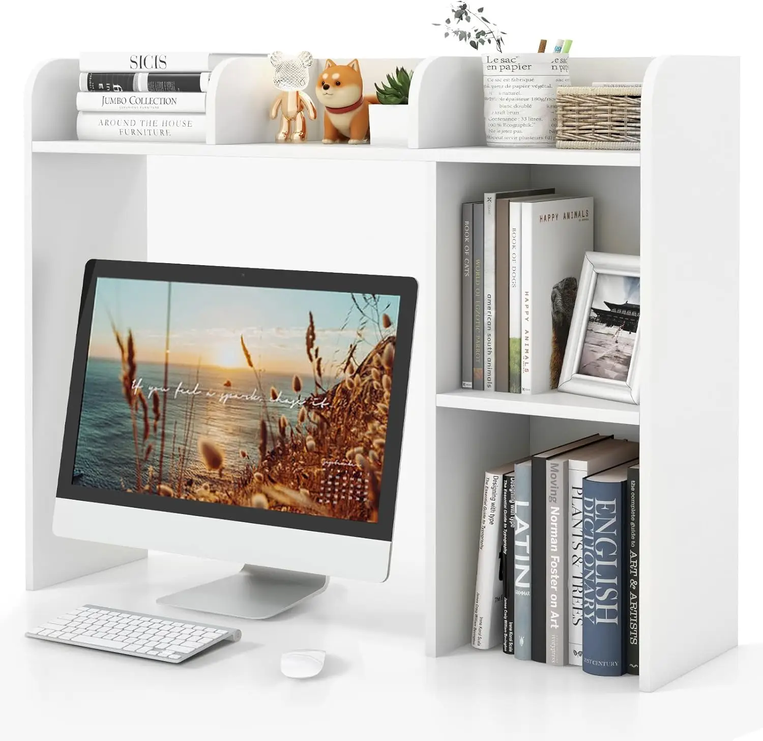 

Desktop Bookshelf, Countertop Storage Hutch with 5 Shelves for Computer Desk, Desk 3-Tier Display Rack, Multipurpose Wood