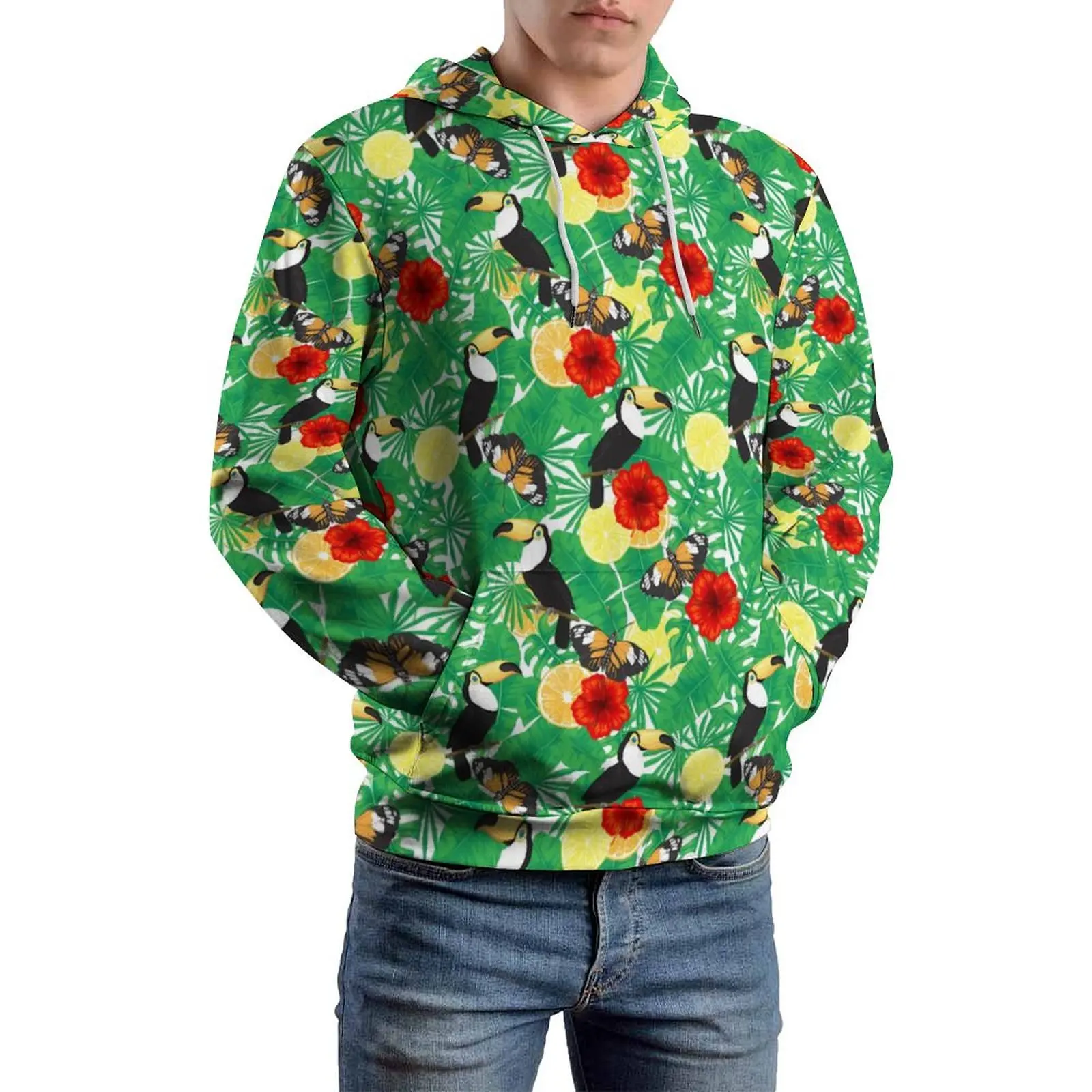 Tropical Birds Loose Hoodies Red Flower Print Funny Hoodie Unisex Long Sleeve Oversized Classic Graphic Clothing