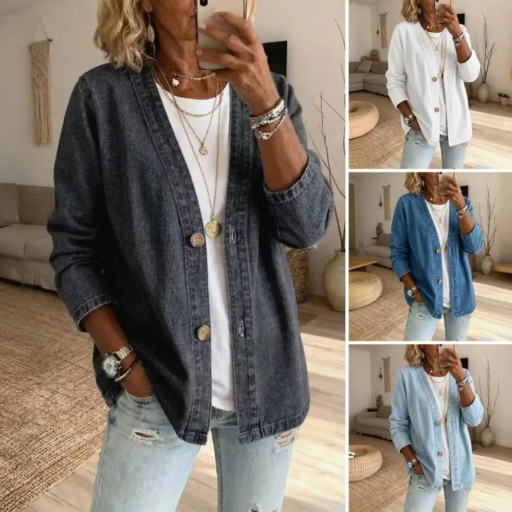 Women Spring Jacket Button Front Faux Denim Jacket, V Neck Long Sleeve Casual Coat, Vintage Loose Fit Imitation Jeans Cardigan