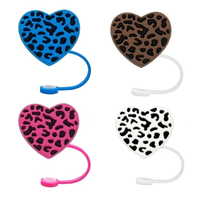 5pc Straw Lid for Cups Heart-shaped Leopard Print Silicone Straw Cover Reusable Dropship