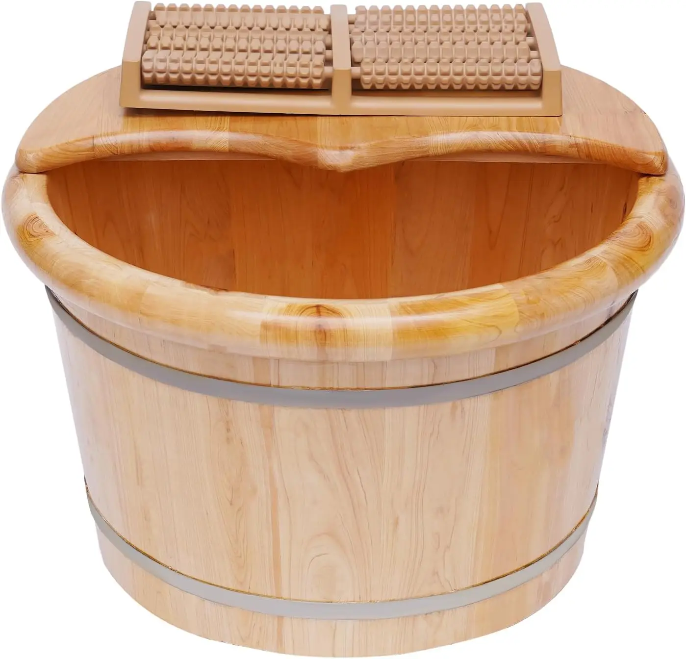 

Wooden Foot Bath Spa with Massager Roller Solid Cedar Wood Bucket Tub with Lid & Massage Feet Soaking Basin for Home Office Use
