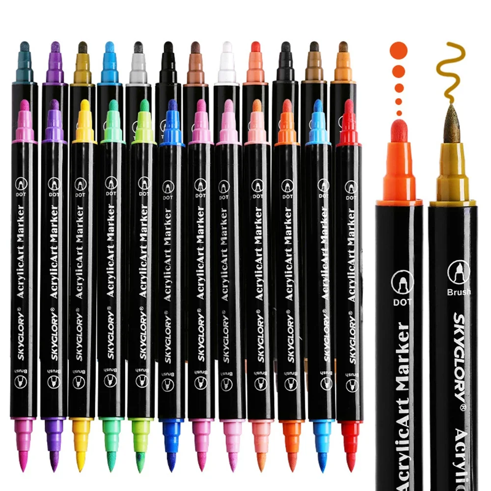 12/24/36 Colors Acrylic Paint Markers,Dual Tip Pens With Dot Tip and Brush Tip for Rock Painting,Wood,Ceramic,Fabric,Canvas,DIY