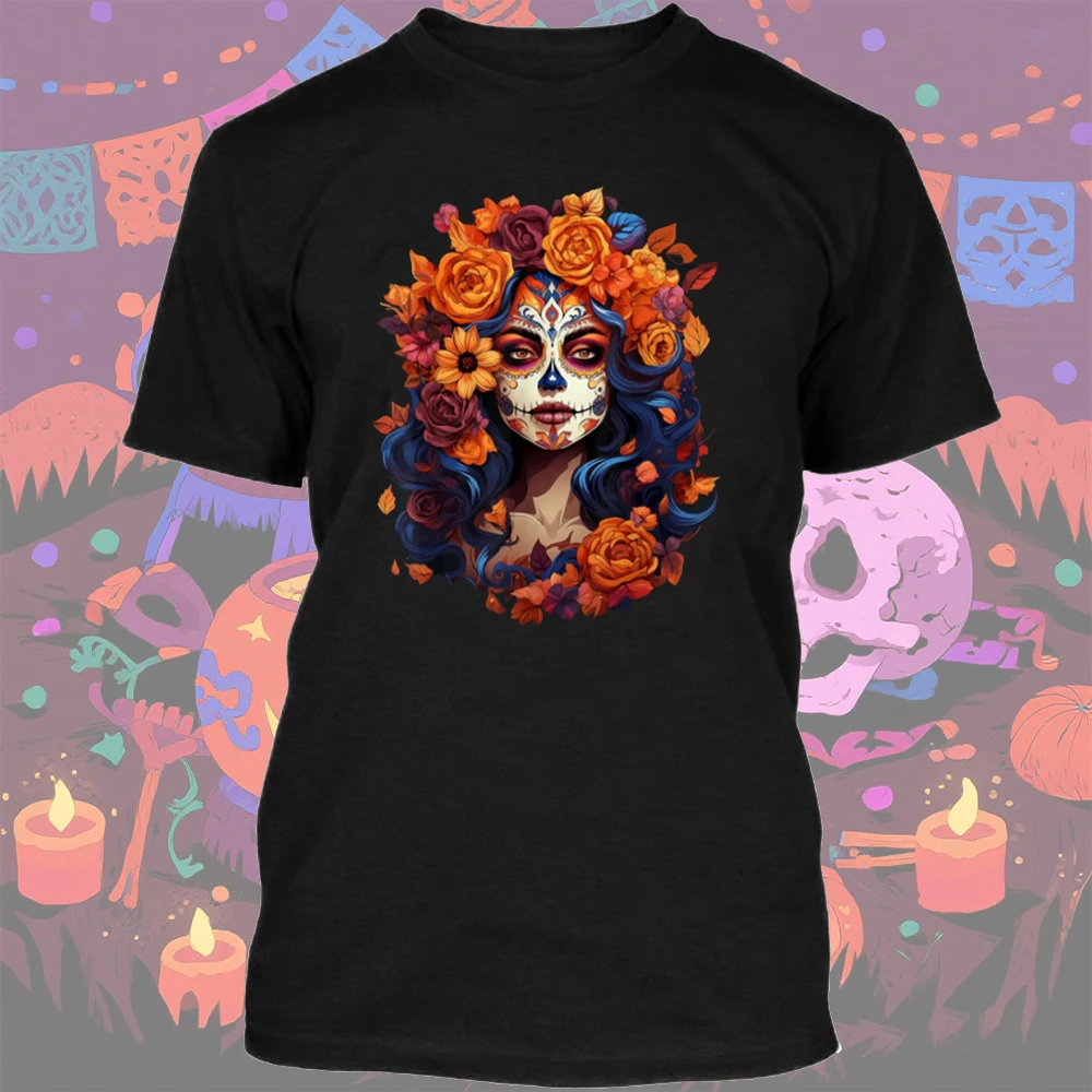 

Dia De Los Muertos Женская футболка с мексиканским сахарным черепом «День мертвых» с классическим узором, хлопковые футболки высокого качества для мужчин