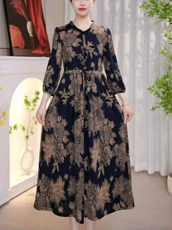 

2026 New Style Floral Print Long Dress with Belt for Middle-Aged And Elderly Women Spring Summer Polyester Fiber Gown