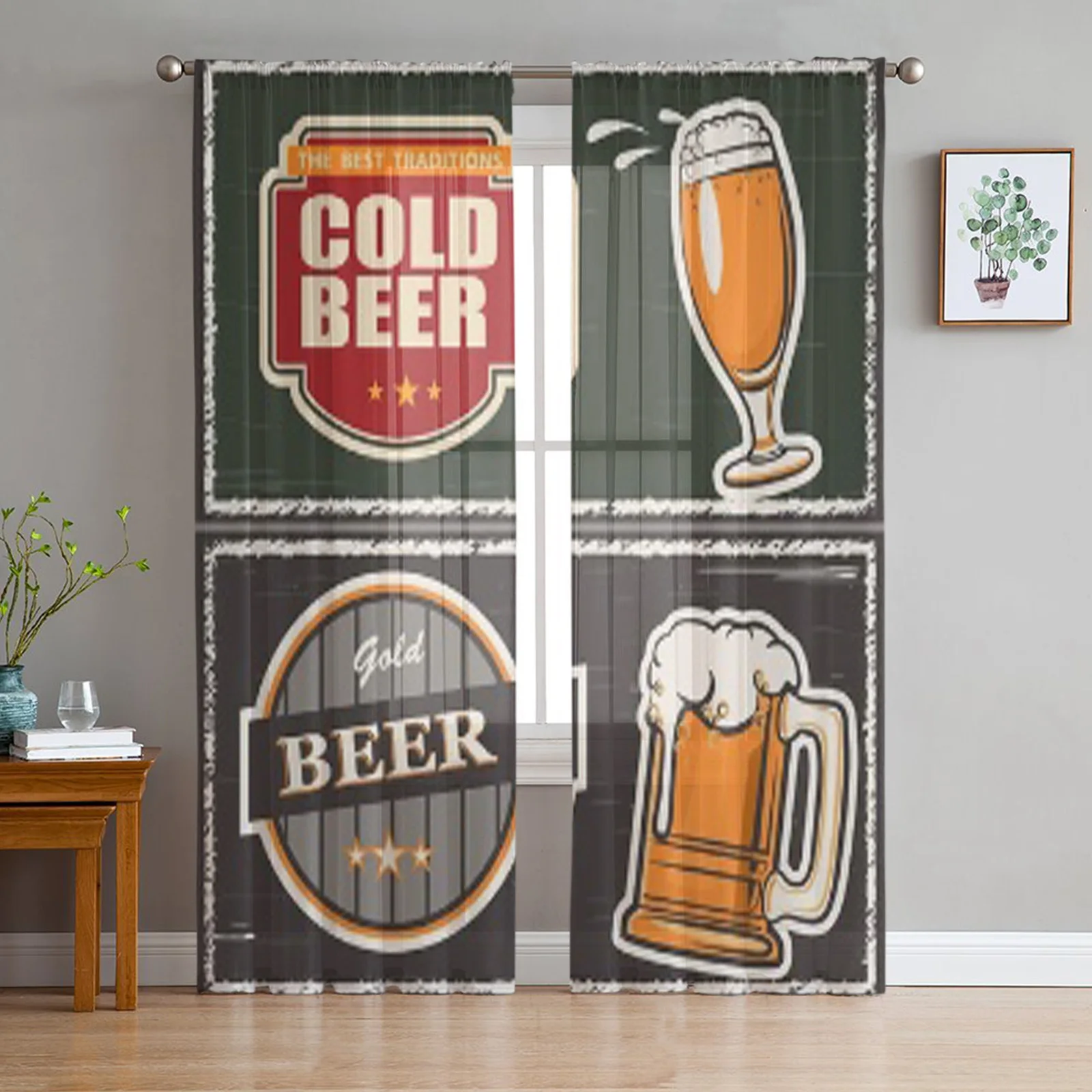 A Glass Of Beer Emblem Sheer Curtains for Living Room Transparent Tulle Window Treatments Bedroom Kitchen Home Decor Veil Drapes