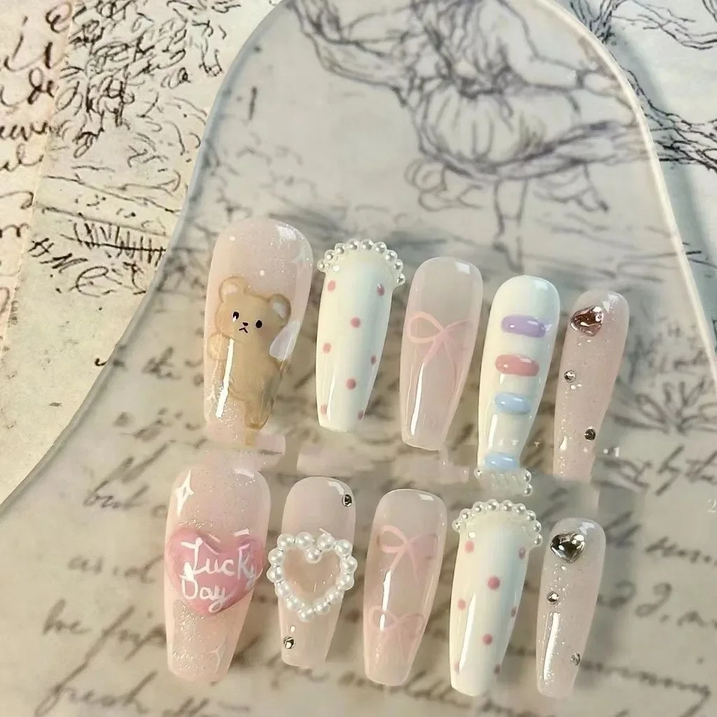 10 Pieces Summer Fresh Bear Cloud Bow Handmade Wear Nails Pearl Love Cute Nail Art Sweet Cartoon Removable Fake Nails