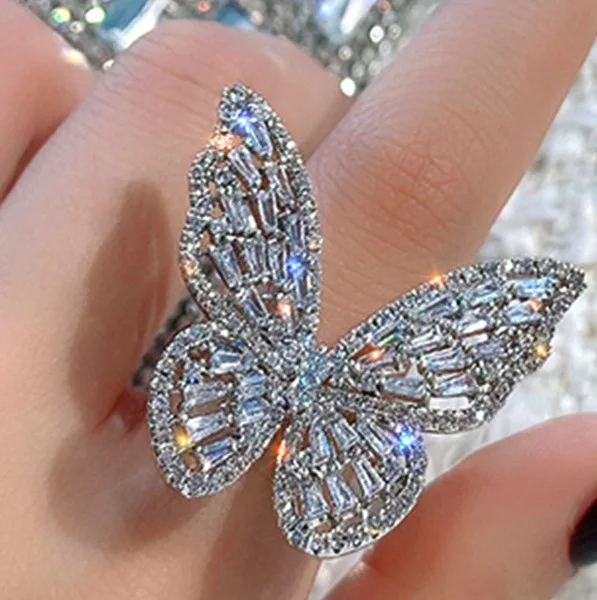 Anillo de apertura de mariposa para mujer, anillos de circón completo brillante de lujo, anillo de dedo de Boda nupcial de compromiso de moda, joyería femenina
