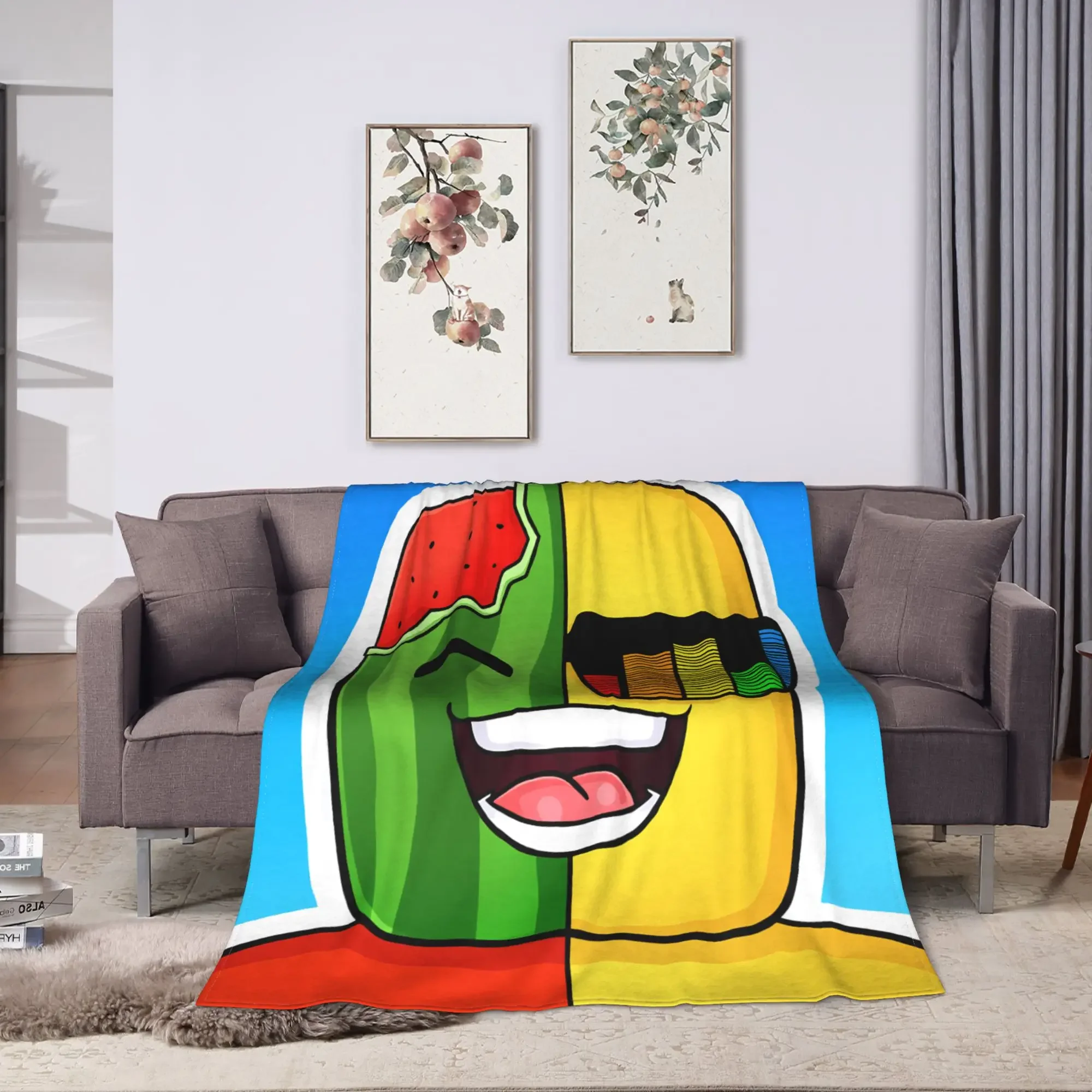 S-Sunny And M-Melon Flannel Blanket Adults  Warm Cozy Throw Blanket Winter Bedroom Bedspread Sofa Bed Cover