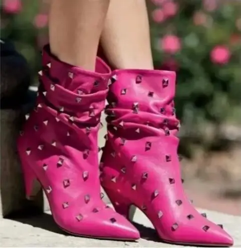 

Hot Pink Leather Full Rivets Pointed Toe Spike Heels Pleated Mid-calf Boots Women Fashion Run Way Med Heels Short Booties Shoes