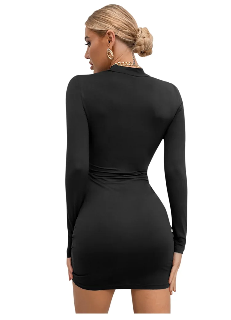 Women's sexy slimming half turtleneck dress simple long-sleeved round neck drawstring slimming female dress